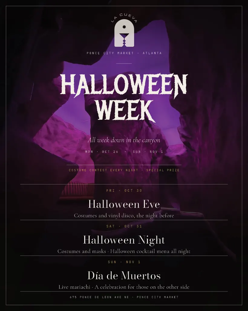 Halloween Week at La Cueva — all week October 26 to November 1, costume contest every night with a special prize; Halloween Eve Friday October 30, Halloween Night Saturday October 31, Día de Muertos Sunday November 1