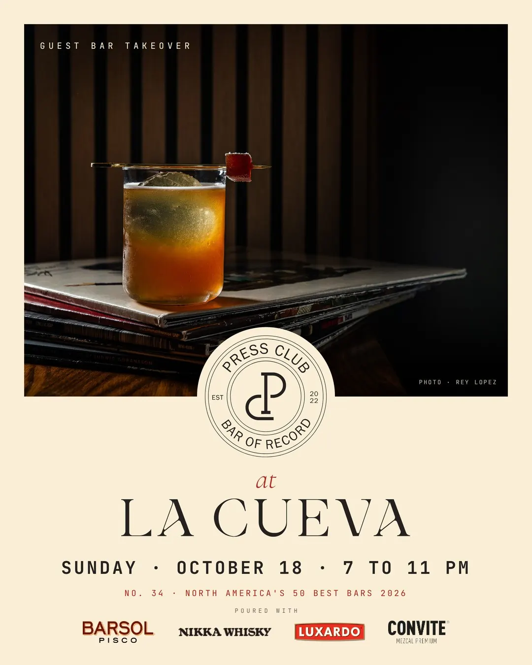 Press Club at La Cueva — guest bar takeover, Sunday October 18, 7 to 11 PM